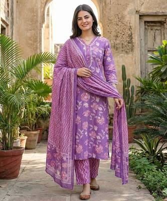 purple pure cotton straight regular kurta set 1