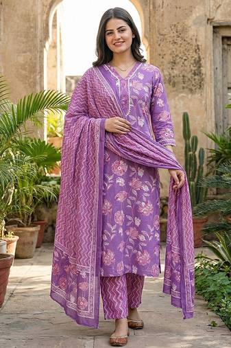 Anouk purple pure cotton straight regular kurta set
