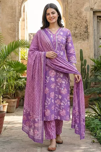 Anouk purple pure cotton straight regular kurta set