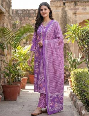 purple pure cotton straight regular kurta set 3