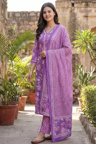purple pure cotton straight regular kurta set