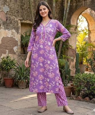 purple pure cotton straight regular kurta set 5