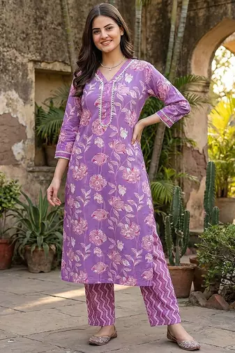 purple pure cotton straight regular kurta set