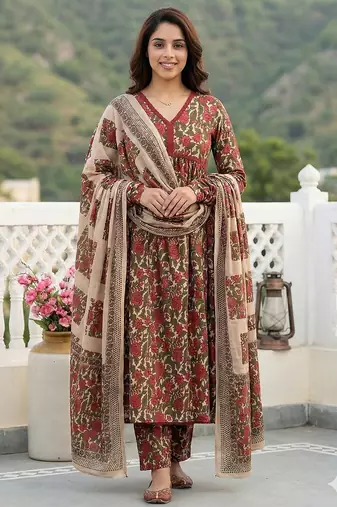 Anouk red and cream pure cotton anarkali pleated kurta set