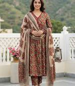 Anouk red and cream pure cotton anarkali pleated kurta set