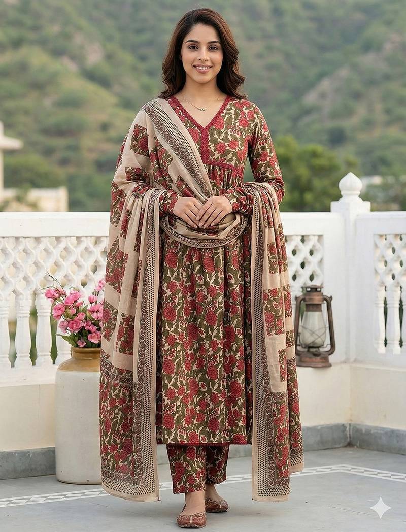 Anouk red and cream pure cotton anarkali pleated kurta set