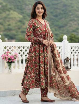 red and cream pure cotton anarkali pleated kurta set 2