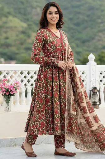 red and cream pure cotton anarkali pleated kurta set
