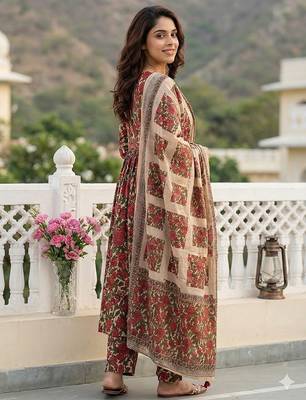 red and cream pure cotton anarkali pleated kurta set 3