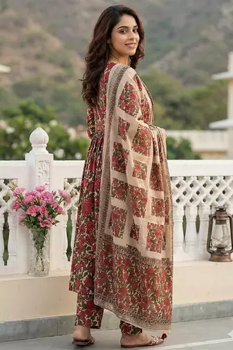 red and cream pure cotton anarkali pleated kurta set