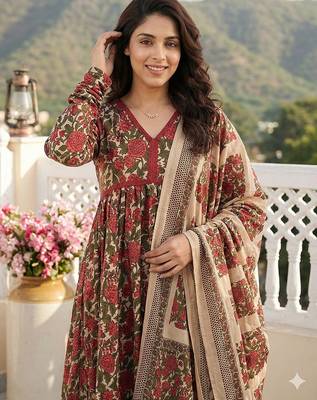 red and cream pure cotton anarkali pleated kurta set 4