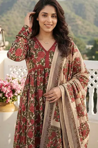 red and cream pure cotton anarkali pleated kurta set