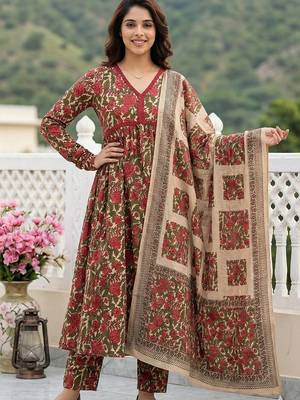 red and cream pure cotton anarkali pleated kurta set 5