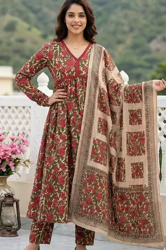 red and cream pure cotton anarkali pleated kurta set
