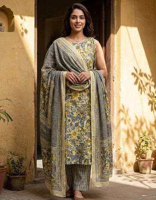 grey and yellow pure cotton straight regular kurta set 1