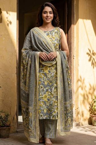 Anouk grey and yellow pure cotton straight regular kurta set