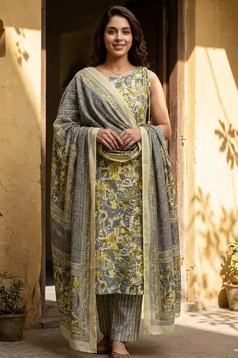 Anouk grey and yellow pure cotton straight regular kurta set