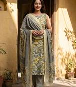 Anouk grey and yellow pure cotton straight regular kurta set