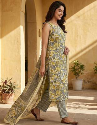 grey and yellow pure cotton straight regular kurta set 2