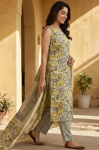 grey and yellow pure cotton straight regular kurta set