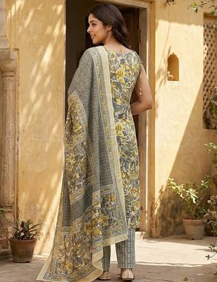 grey and yellow pure cotton straight regular kurta set 3