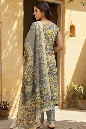 grey and yellow pure cotton straight regular kurta set