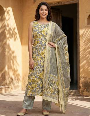 grey and yellow pure cotton straight regular kurta set 5