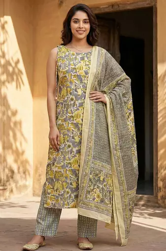 grey and yellow pure cotton straight regular kurta set
