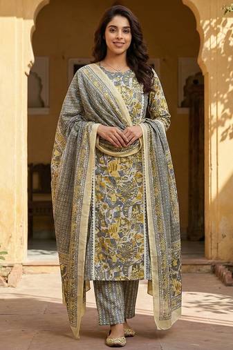 Anouk grey and yellow pure cotton straight regular kurta set
