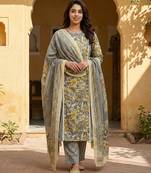 Anouk grey and yellow pure cotton straight regular kurta set