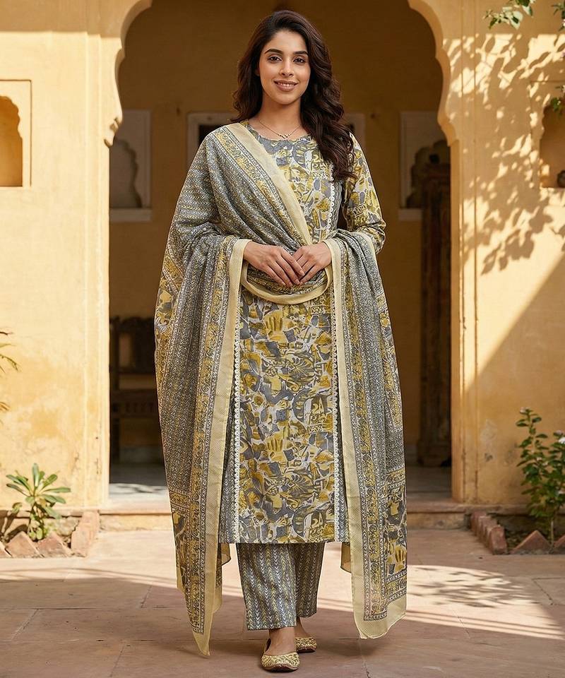 Anouk grey and yellow pure cotton straight regular kurta set