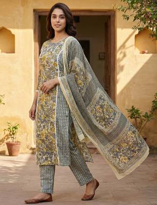 grey and yellow pure cotton straight regular kurta set 2
