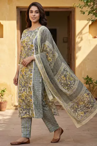 grey and yellow pure cotton straight regular kurta set