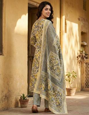 grey and yellow pure cotton straight regular kurta set 3