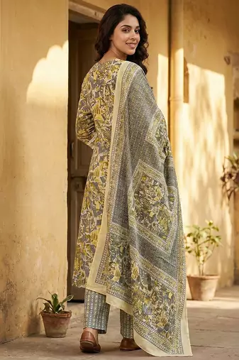 grey and yellow pure cotton straight regular kurta set