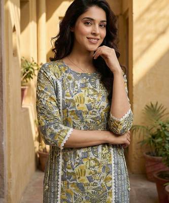 grey and yellow pure cotton straight regular kurta set 4