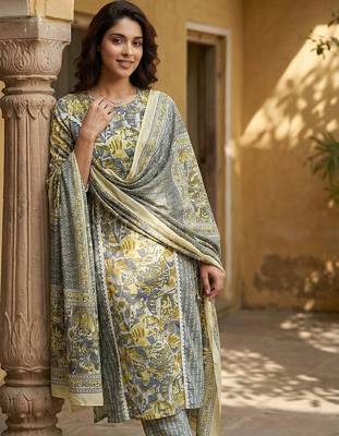 grey and yellow pure cotton straight regular kurta set 5