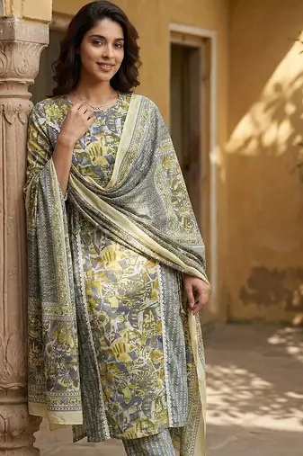 grey and yellow pure cotton straight regular kurta set