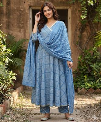 Anouk blue pure cotton anarkali angrakha kurta set 1