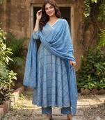 Anouk blue pure cotton anarkali angrakha kurta set