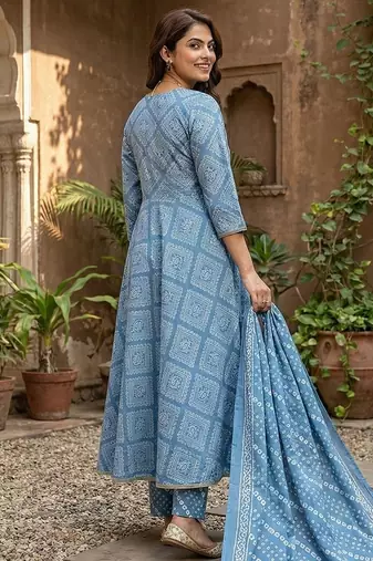 Anouk blue pure cotton anarkali angrakha kurta set