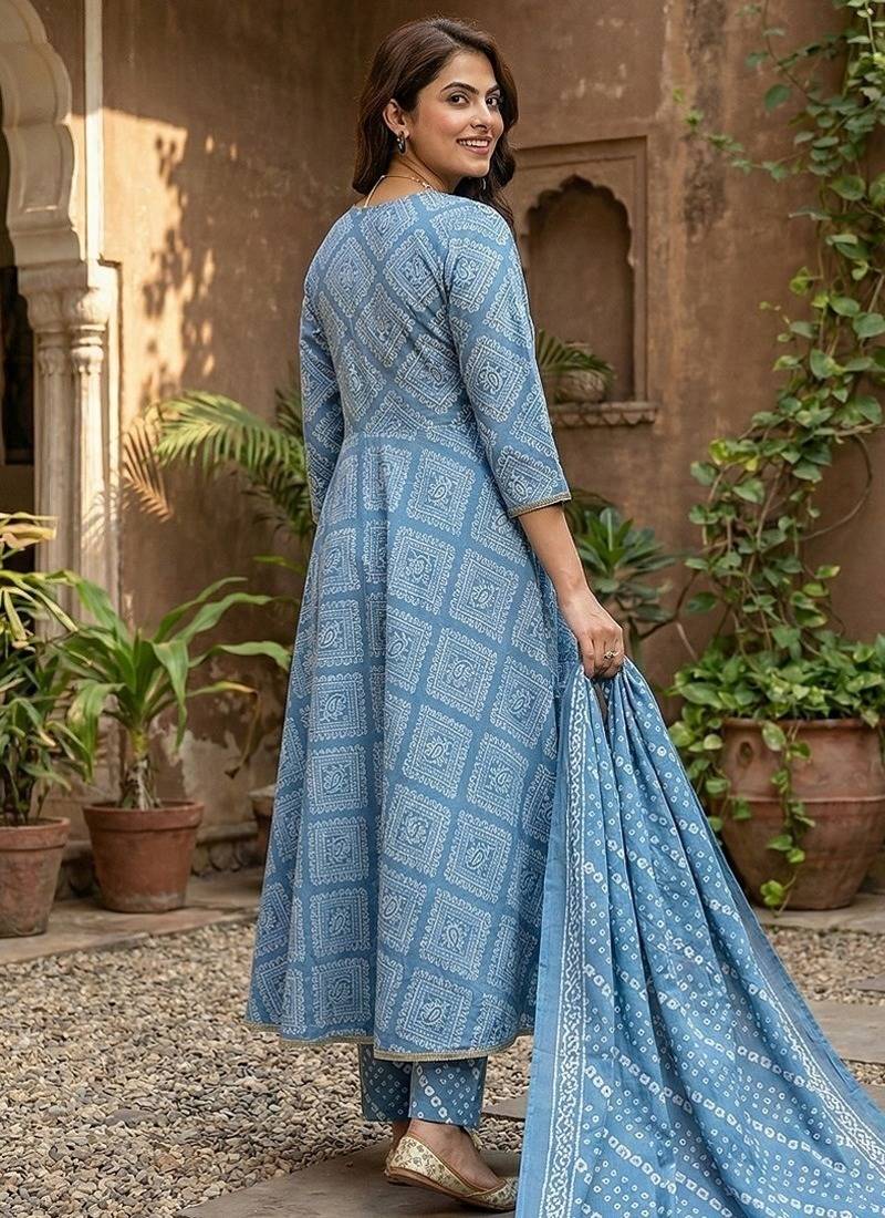 Anouk blue pure cotton anarkali angrakha kurta set