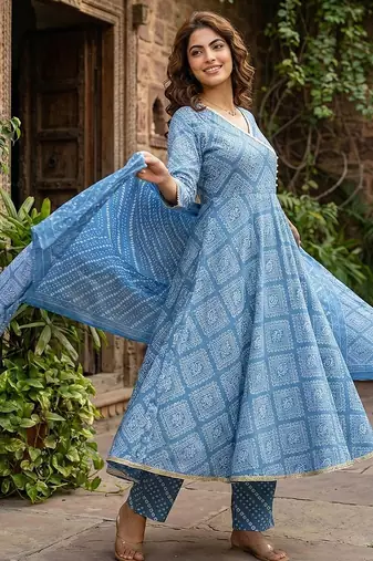 Anouk blue pure cotton anarkali angrakha kurta set