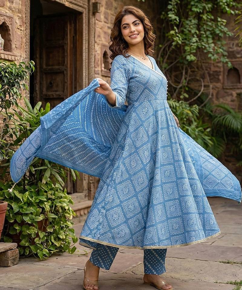 Anouk blue pure cotton anarkali angrakha kurta set