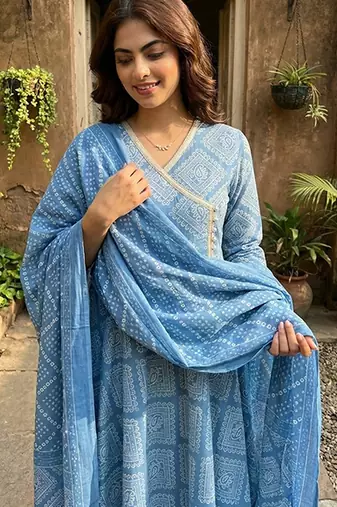Anouk blue pure cotton anarkali angrakha kurta set