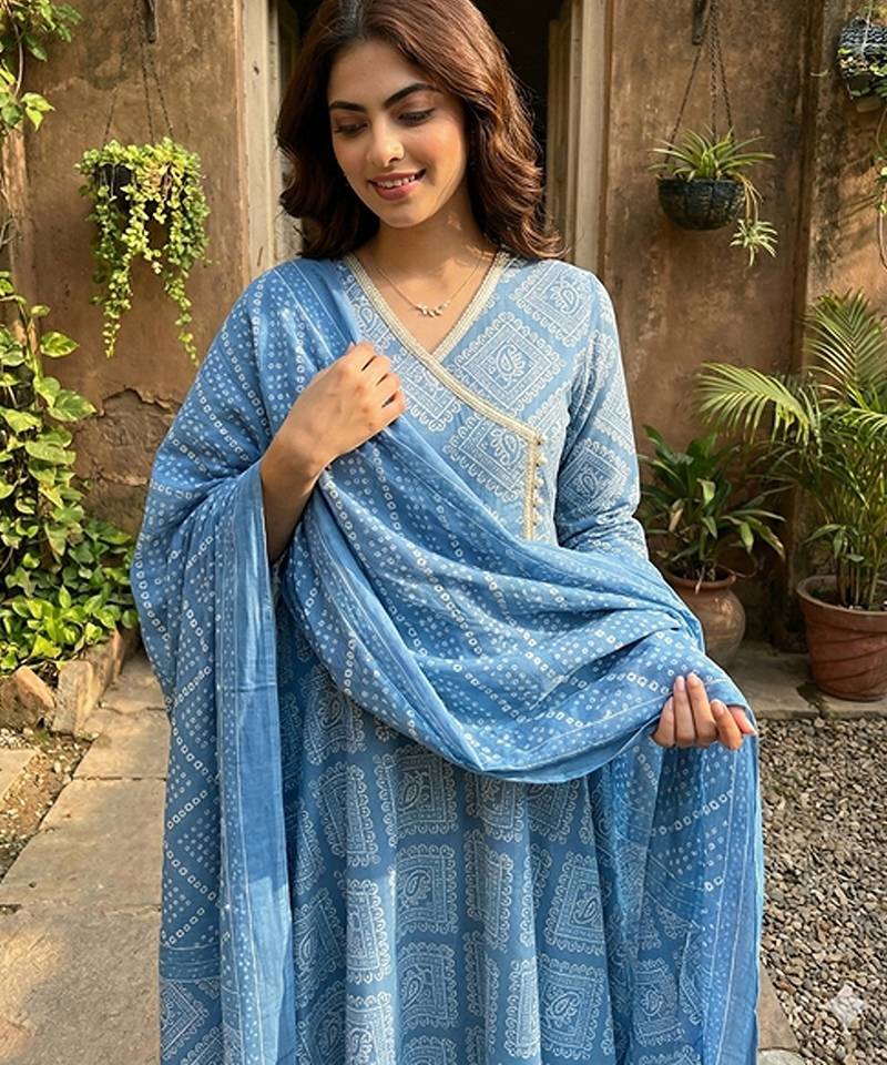 Anouk blue pure cotton anarkali angrakha kurta set