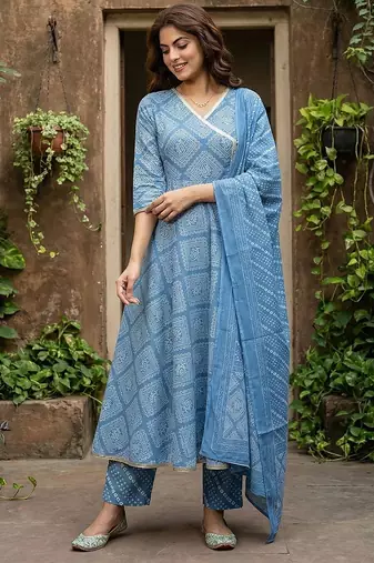 Anouk blue pure cotton anarkali angrakha kurta set