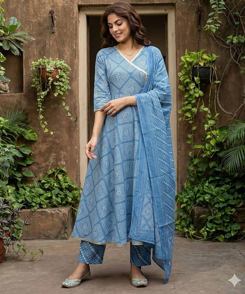 Anouk blue pure cotton anarkali angrakha kurta set