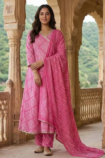 Anouk pink pure cotton anarkali angrakha kurta set