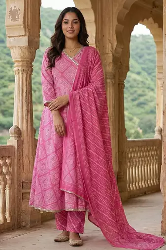 Anouk pink pure cotton anarkali angrakha kurta set